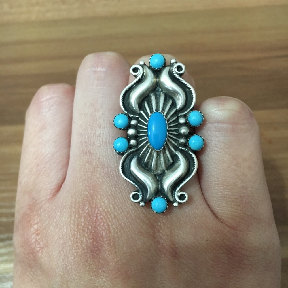 Native American Turquoise Silver Statement Ring Southwestern (singed by artist).